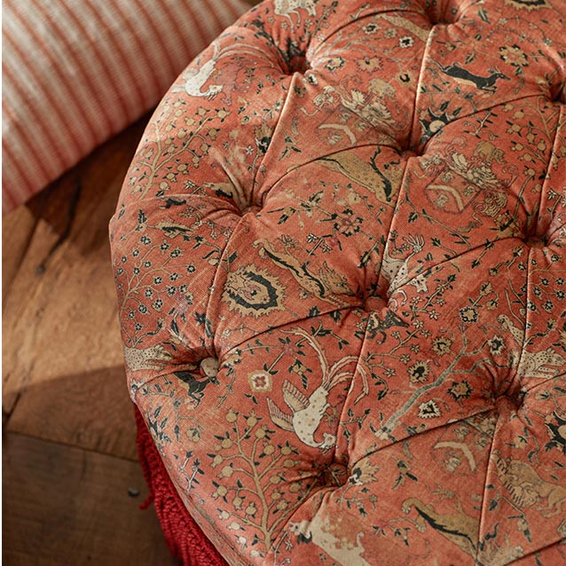 Burford Buttoned Footstool in V&A Threads of India Opulent Velvets Lahore Dynasty Flame fabric detail